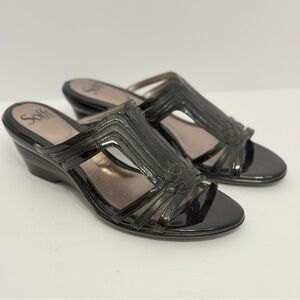Sofft Comfort Slip On Sandals Women’s 8.5M Black Patent Leather Wedge Slide Heel